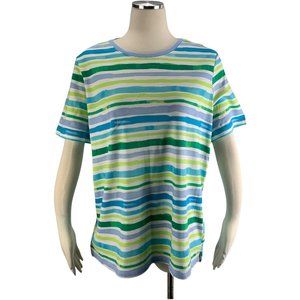 Kim Rogers Large Shirt NWT Stripe Green Blue Short Sleeve